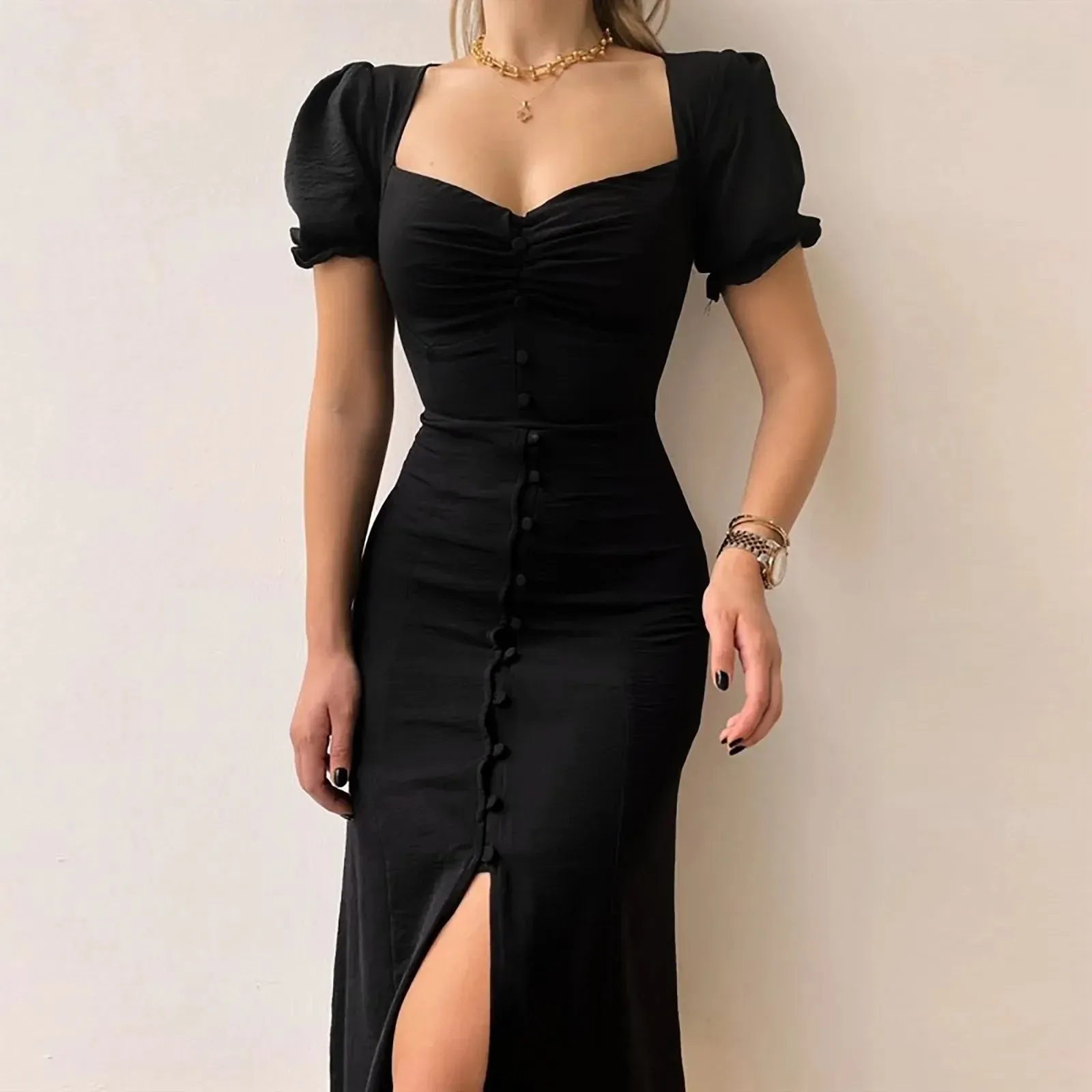 2024 Casual Solid Square Neck A-line Pleated Midi Dress