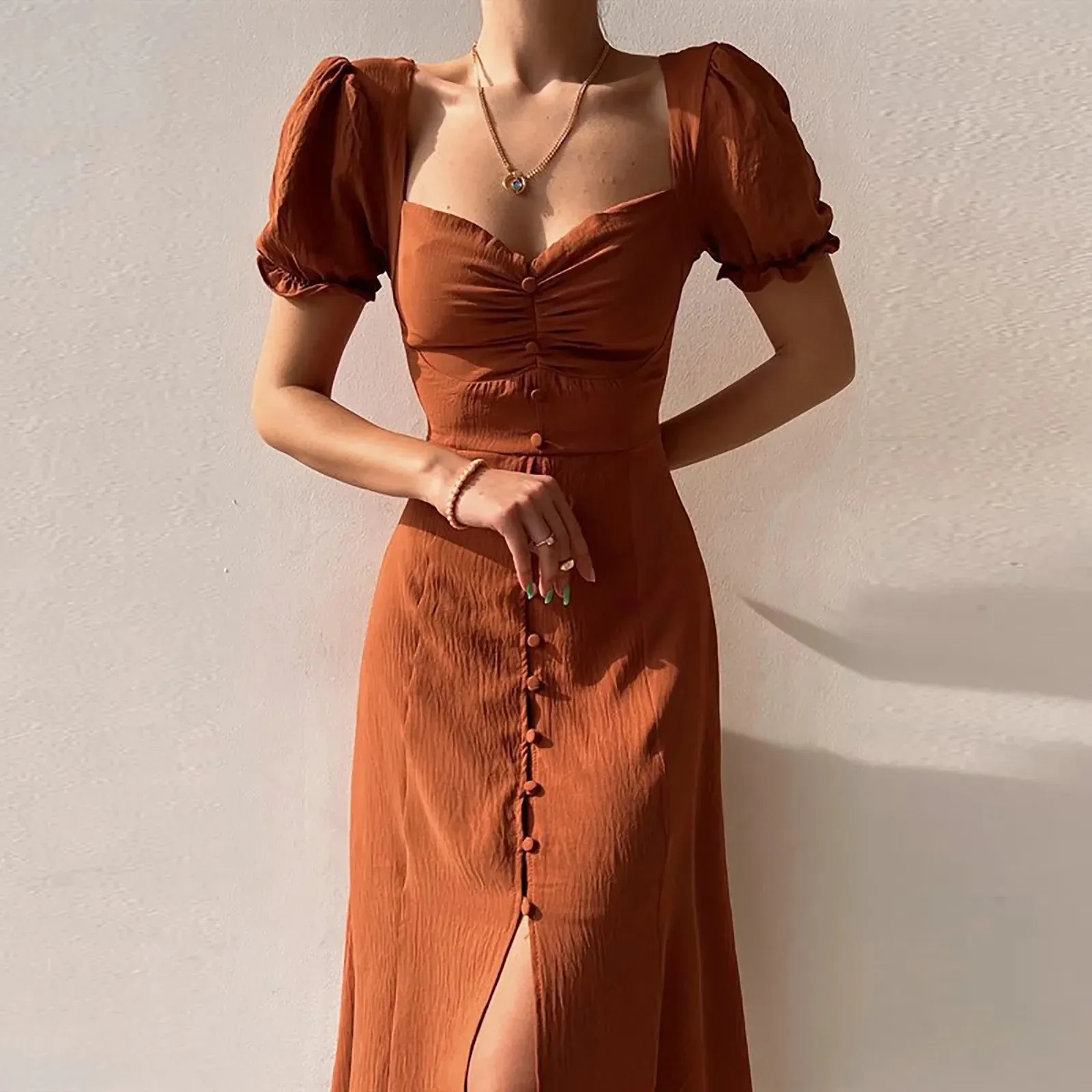 2024 Casual Solid Square Neck A-line Pleated Midi Dress