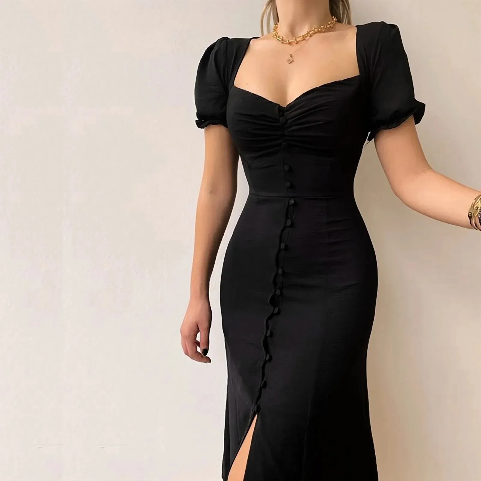 2024 Casual Solid Square Neck A-line Pleated Midi Dress