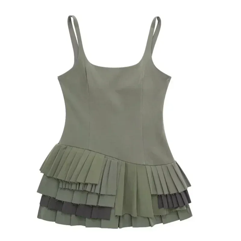 2024 Elegant Pitch Green Slip Fashion Square Collar Sleeveless Spring Summer Pleated Dress