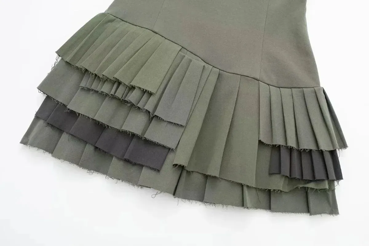 2024 Elegant Pitch Green Slip Fashion Square Collar Sleeveless Spring Summer Pleated Dress