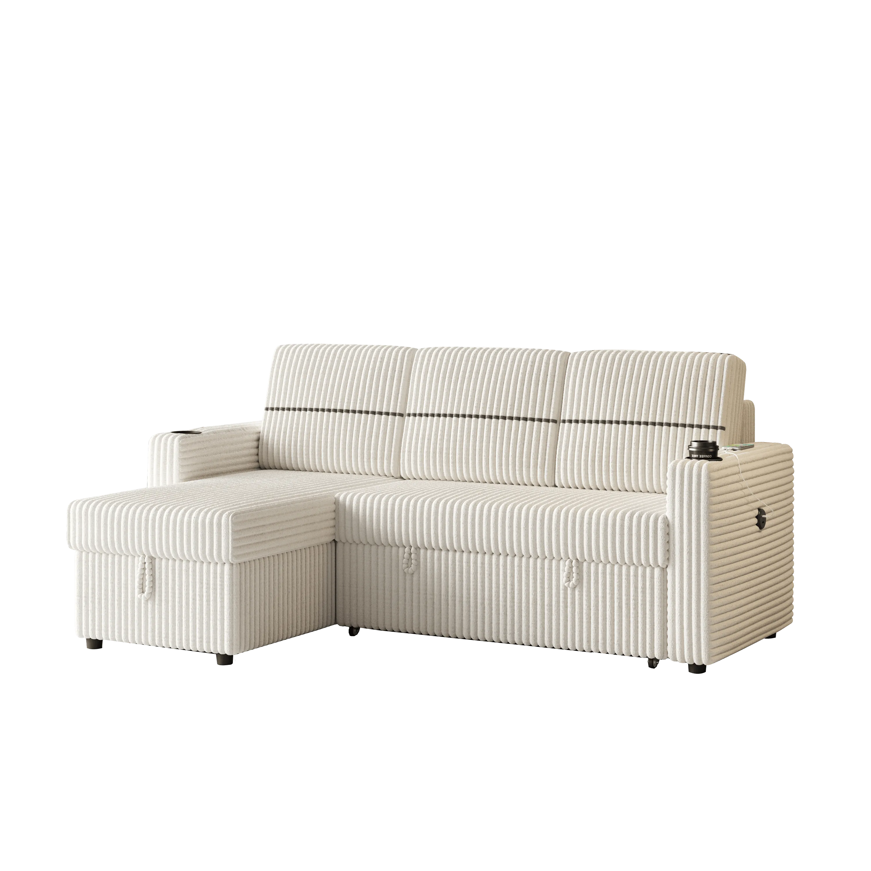 85" Corduroy Sofa Bed, 3-Seater Sleeper Sofa with Storage Chaise, Cupholders & USB Port