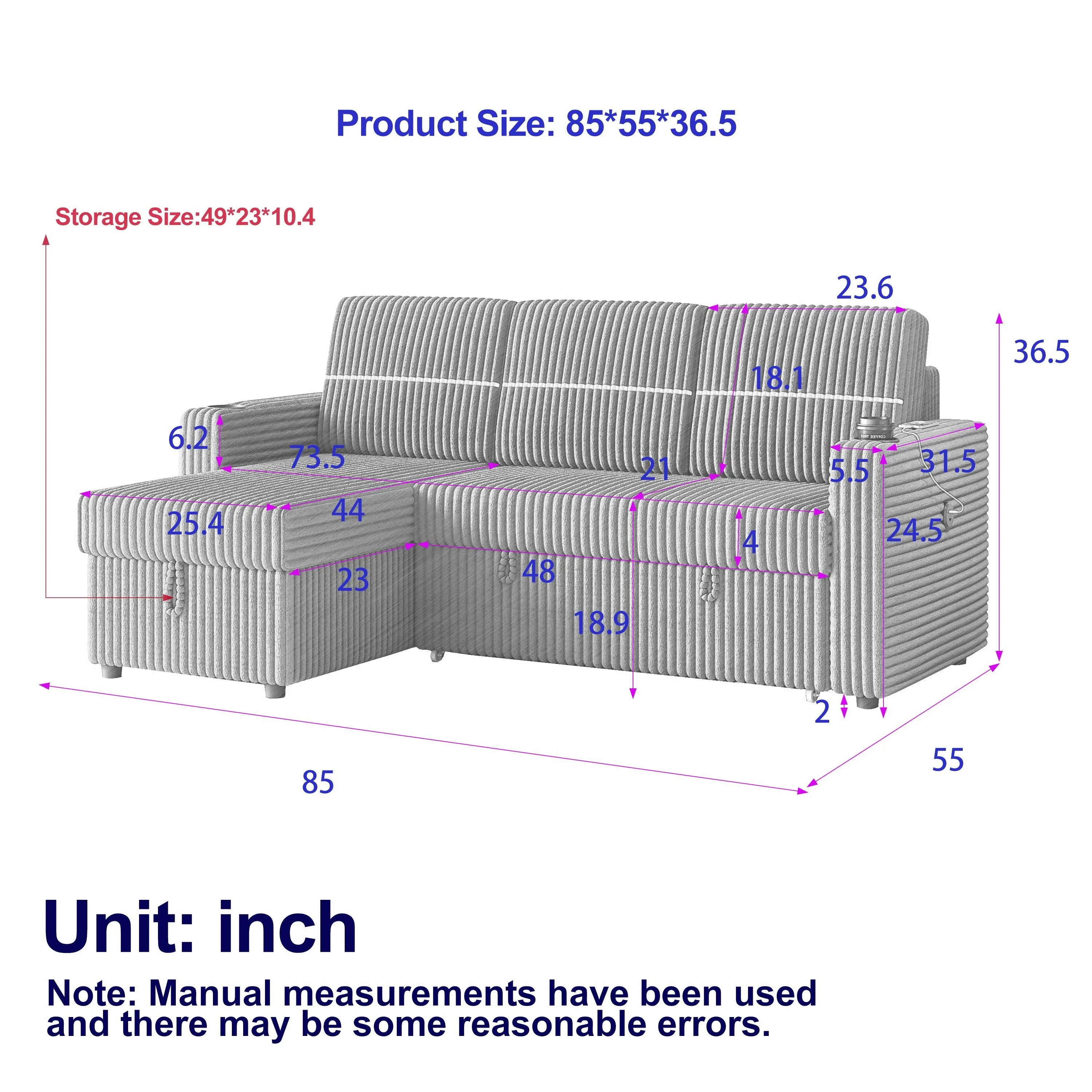 85" Corduroy Sofa Bed, 3-Seater Sleeper Sofa with Storage Chaise, Cupholders & USB Port