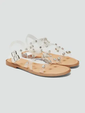 Adira Clear Strappy Sandals with Rhinetones