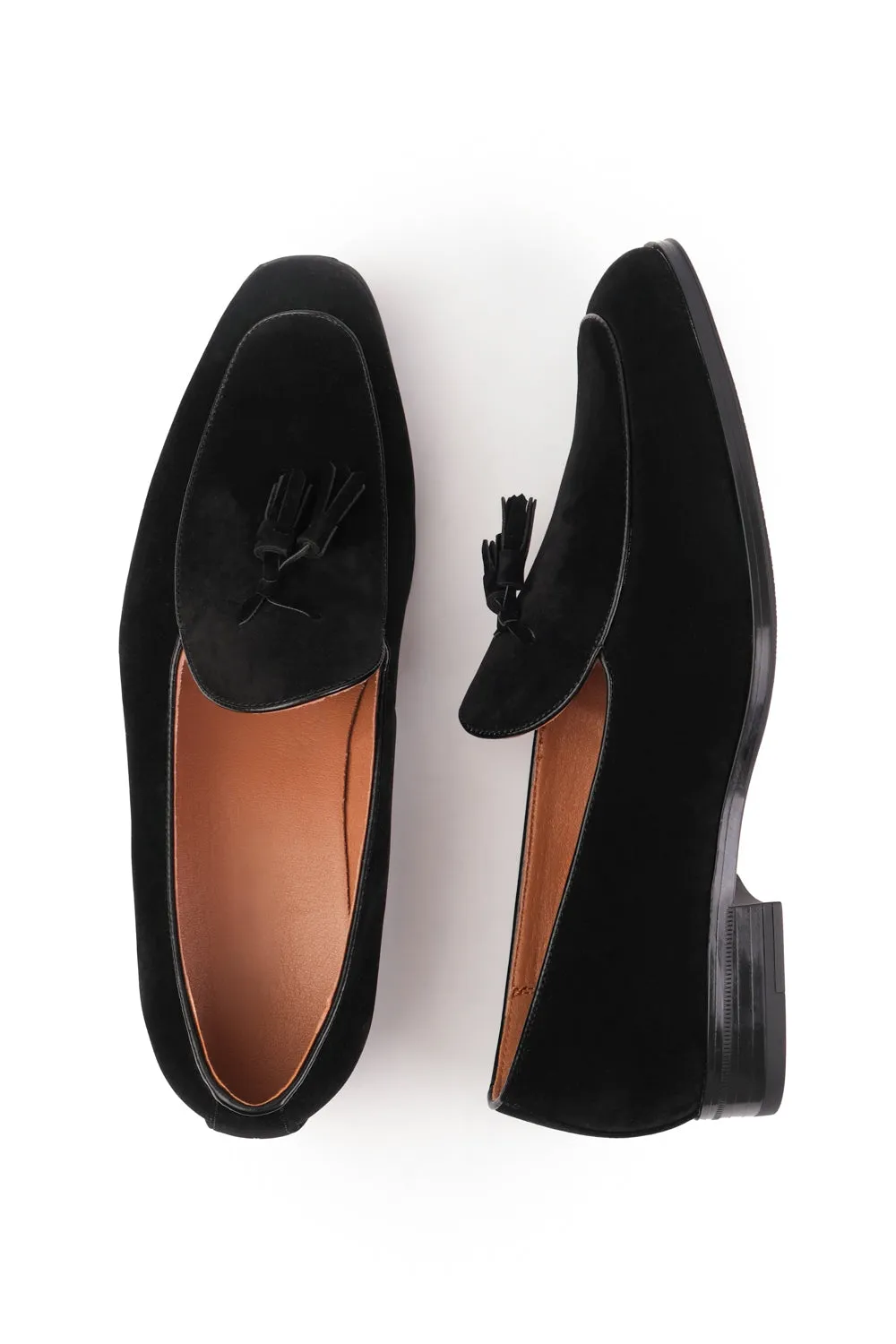 ALBERT SLIP ON TASSEL LOAFERS IN BLACK SUEDE