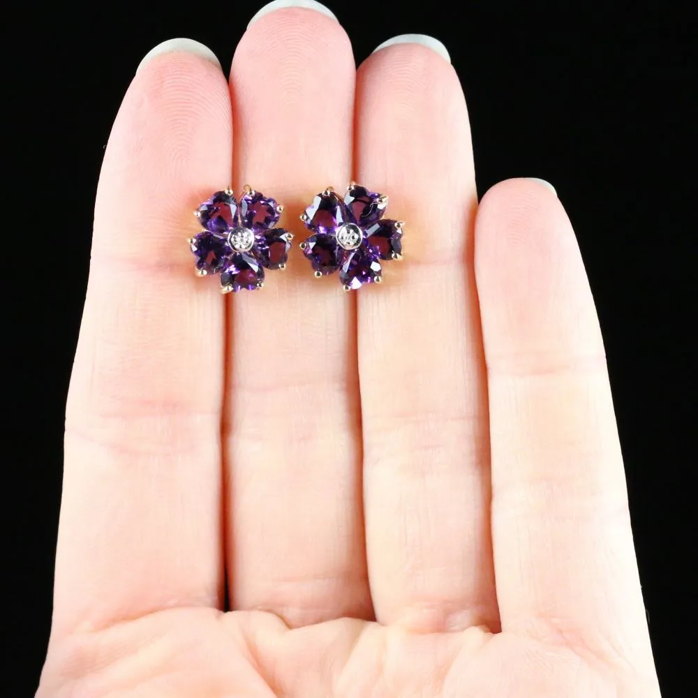 Amethyst Heart Diamond Earrings 9Ct Gold