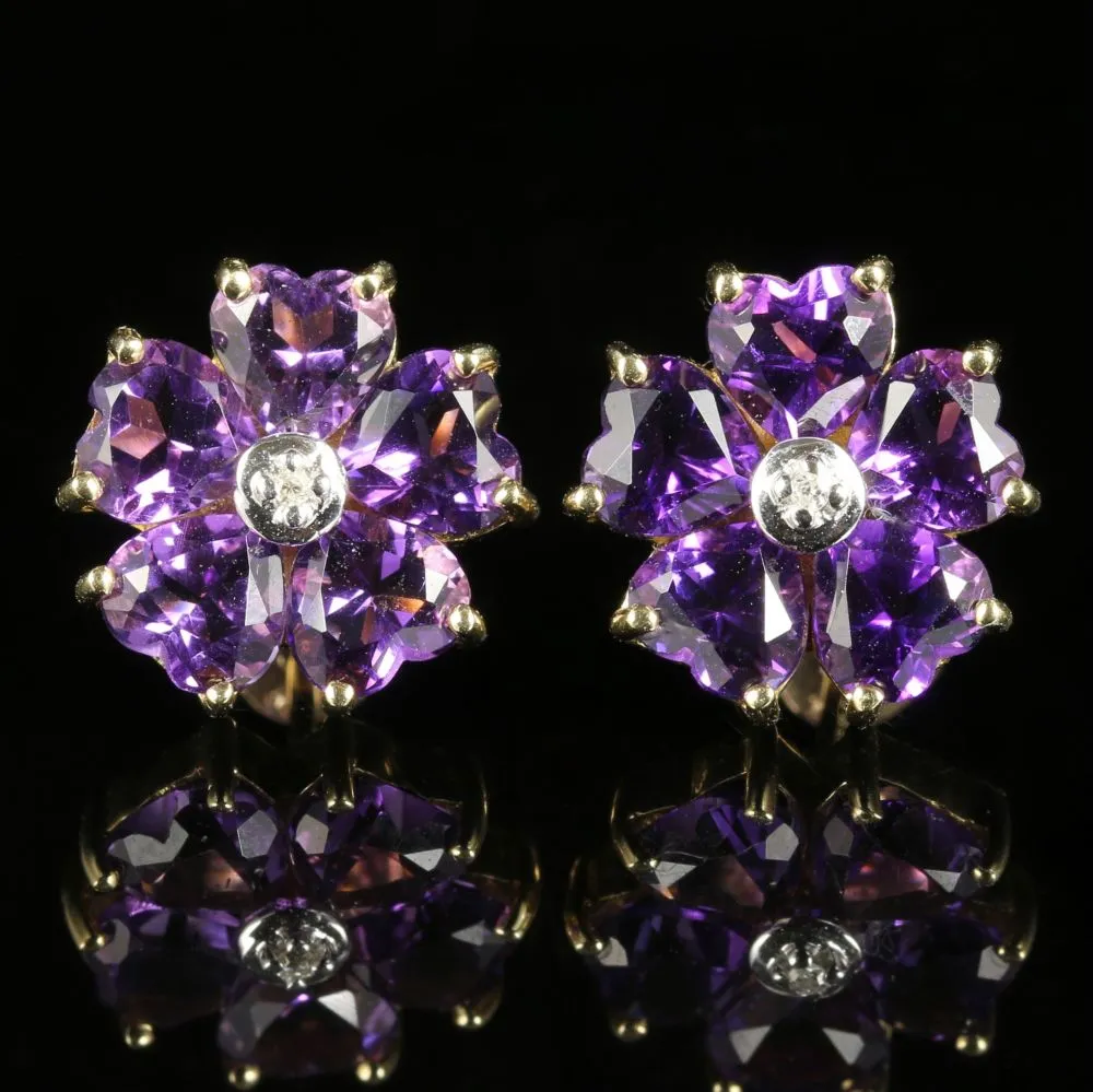 Amethyst Heart Diamond Earrings 9Ct Gold