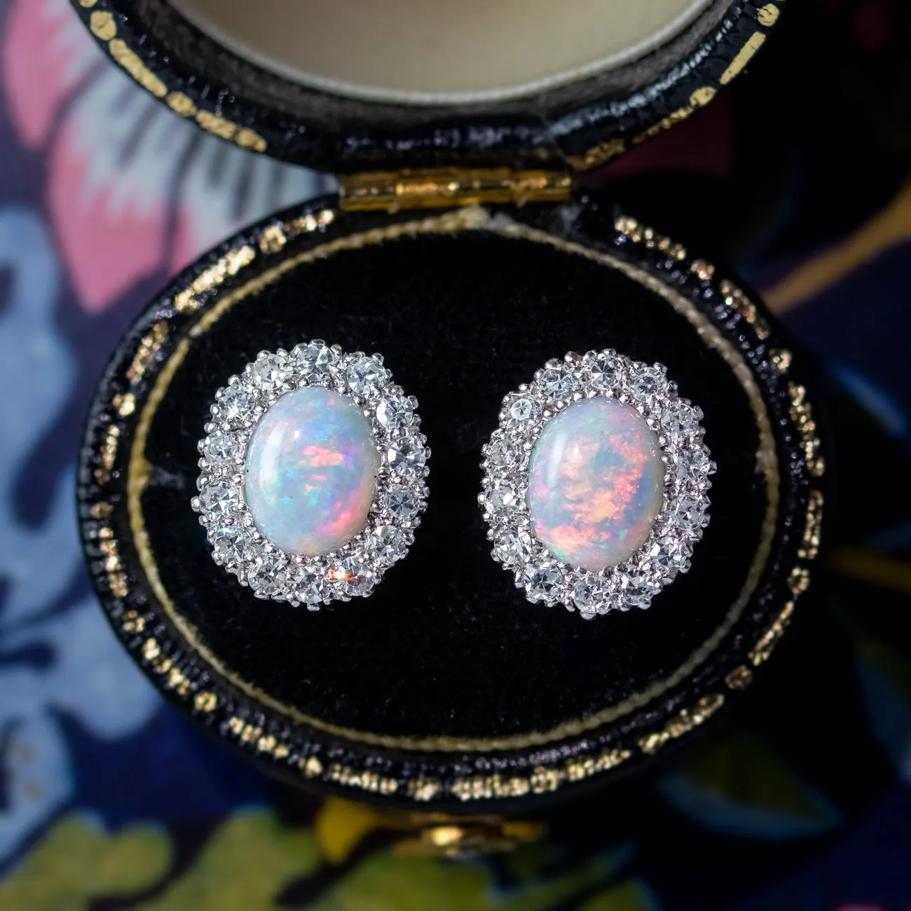 Antique Edwardian Cluster Stud Earrings with Diamonds and Opals 18ct Gold