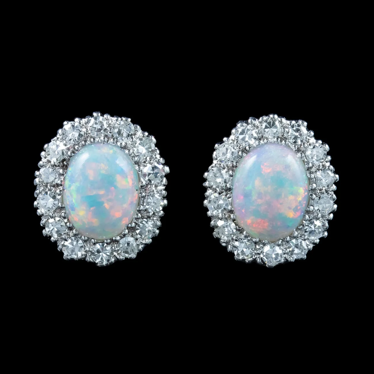 Antique Edwardian Cluster Stud Earrings with Diamonds and Opals 18ct Gold