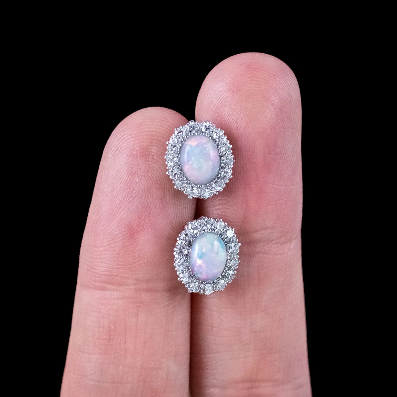 Antique Edwardian Cluster Stud Earrings with Diamonds and Opals 18ct Gold