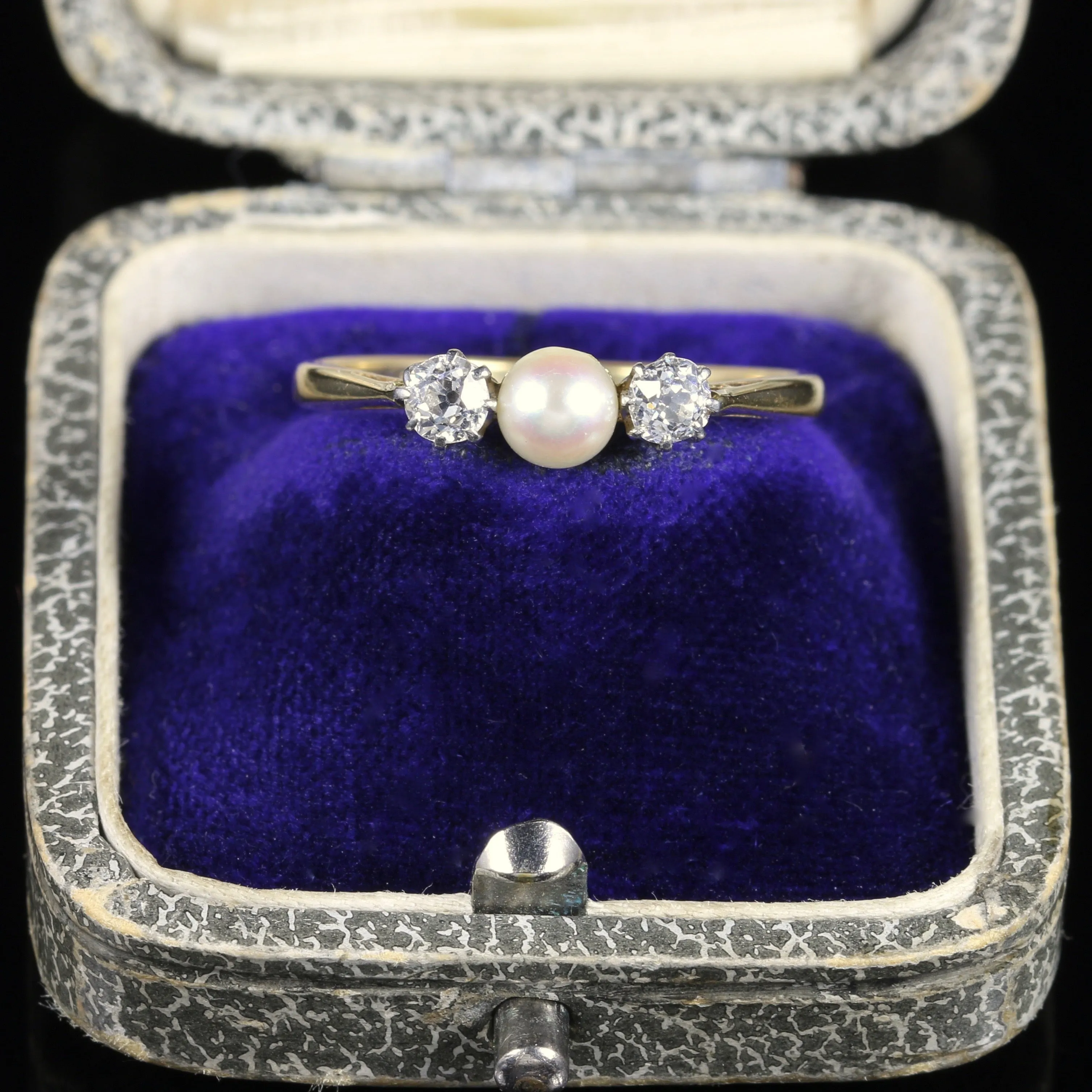 Antique Edwardian Diamond Pearl Trilogy Ring Circa 1915 18Ct Gold Plat