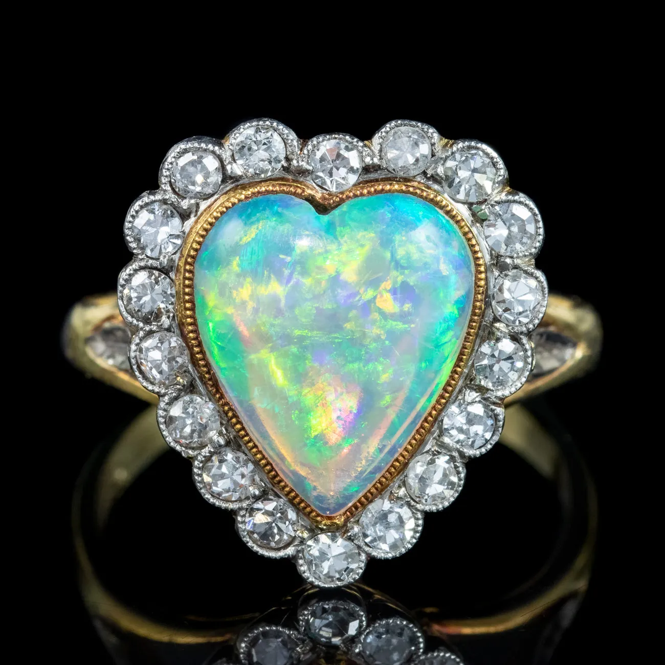 Antique Edwardian Opal Diamond Heart Ring 2.5ct Opal