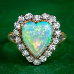 Antique Edwardian Opal Diamond Heart Ring 2.5ct Opal