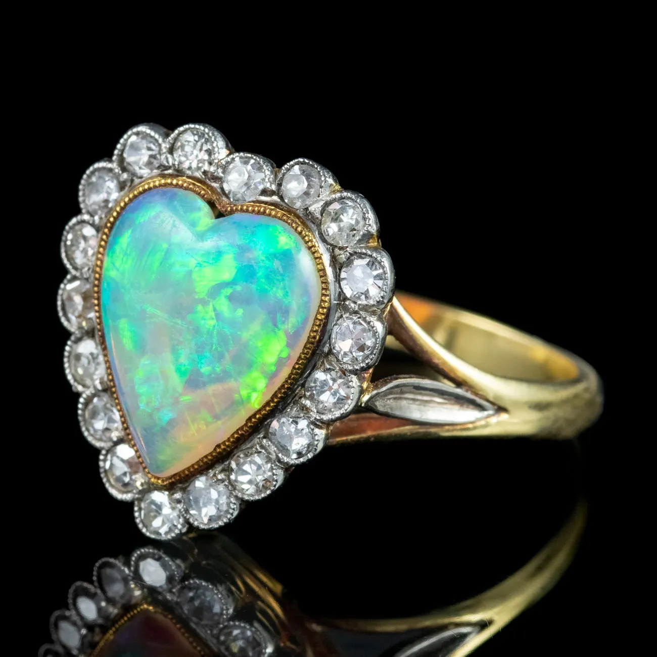 Antique Edwardian Opal Diamond Heart Ring 2.5ct Opal