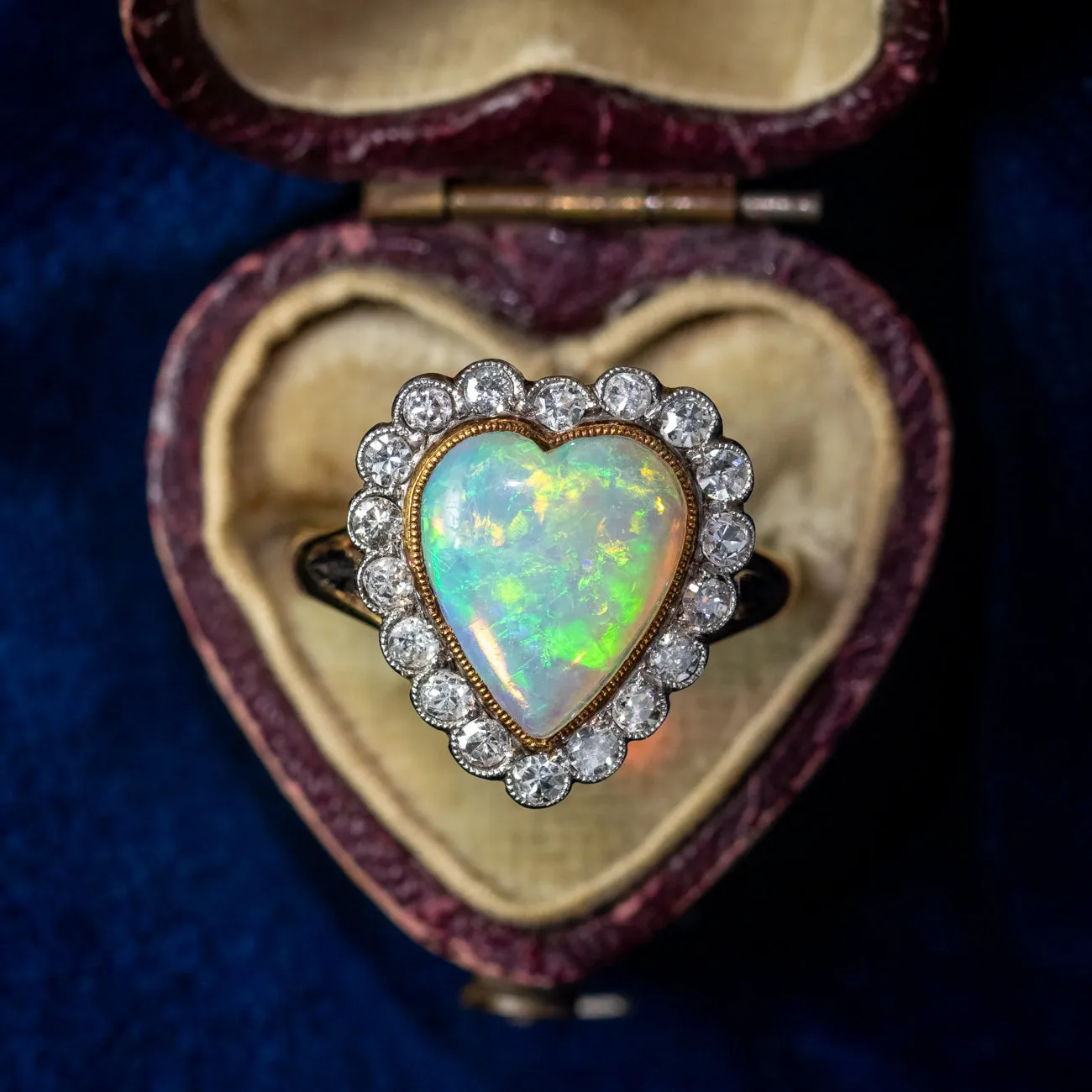 Antique Edwardian Opal Diamond Heart Ring 2.5ct Opal