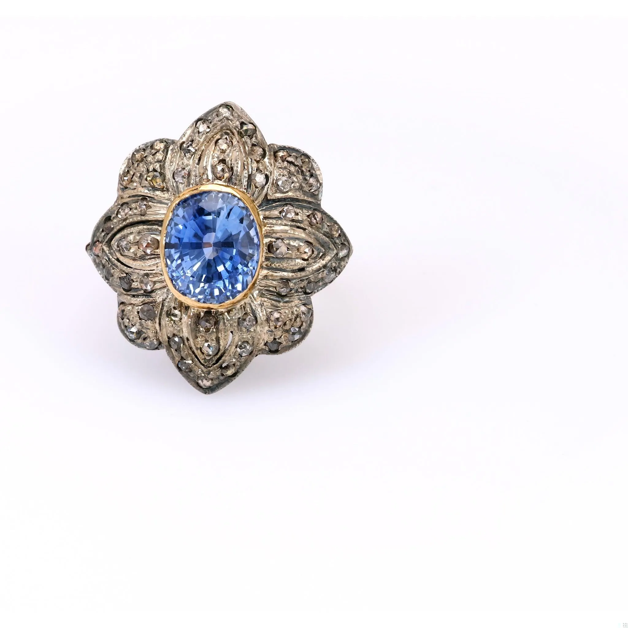 Antique Portuguese Sapphire and Diamond Gold Silver Ring