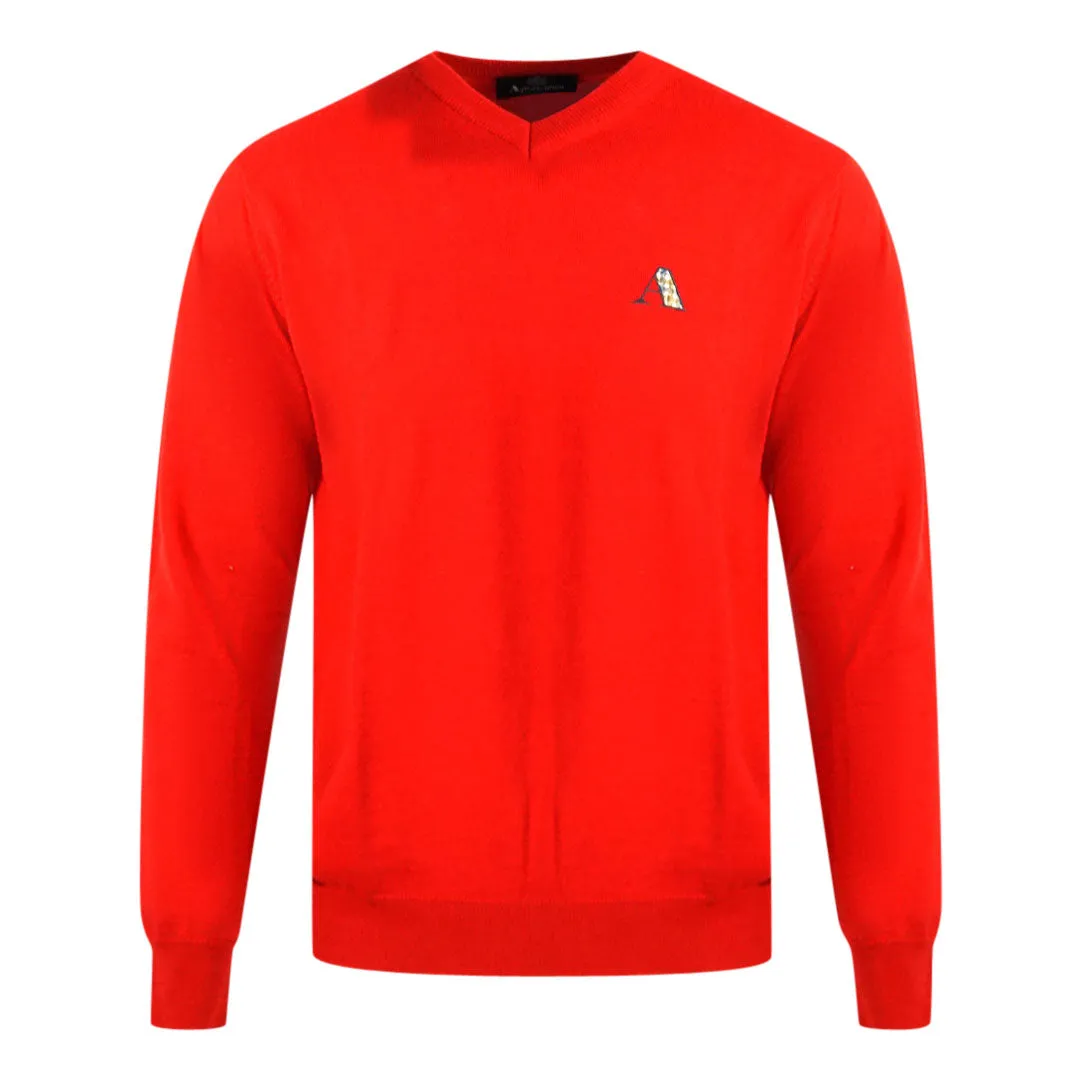 Aquascutum Check A Logo Red V-Neck Jumper