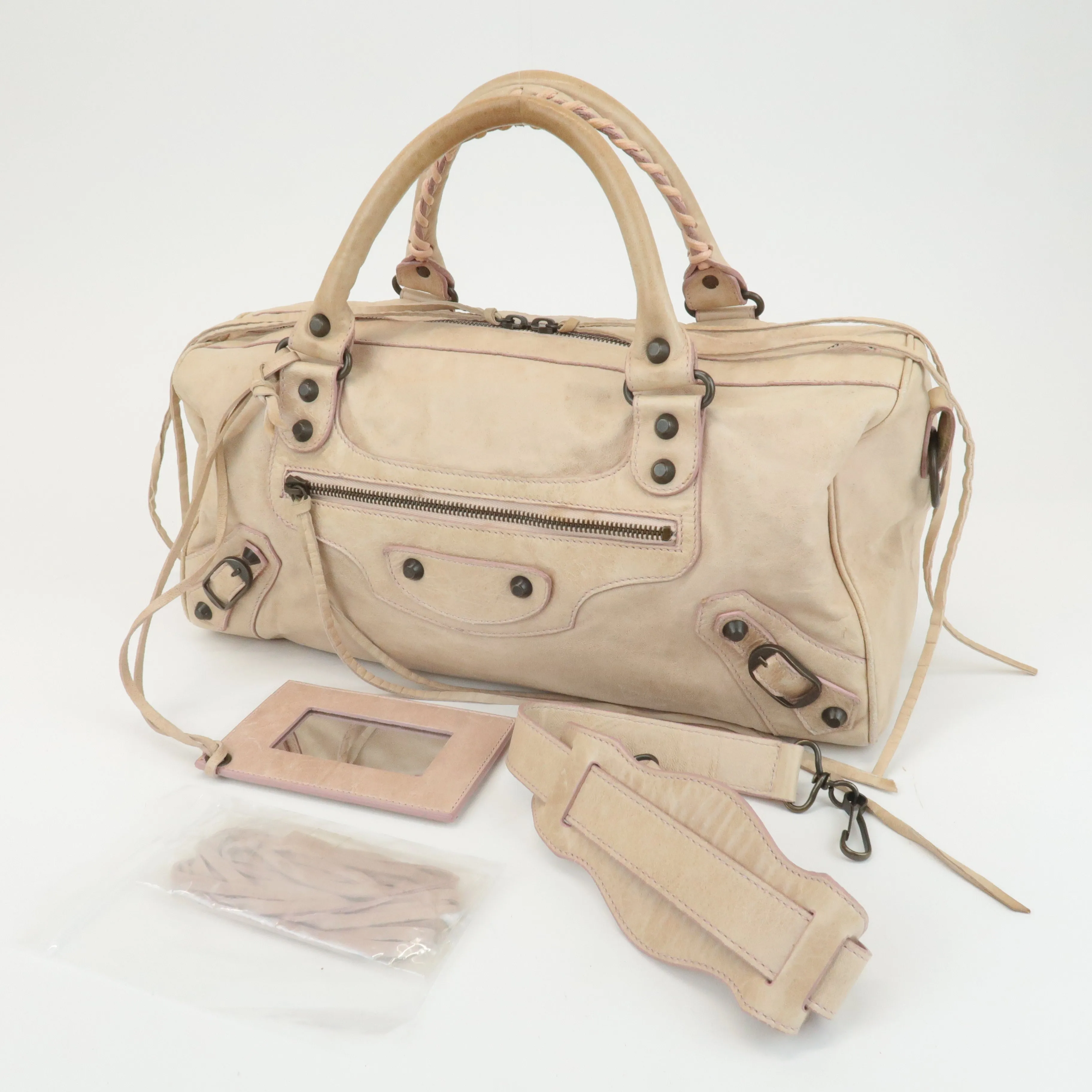 BALENCIAGA Leather The Twiggy 2way Bag Hand Bag Beige 128523