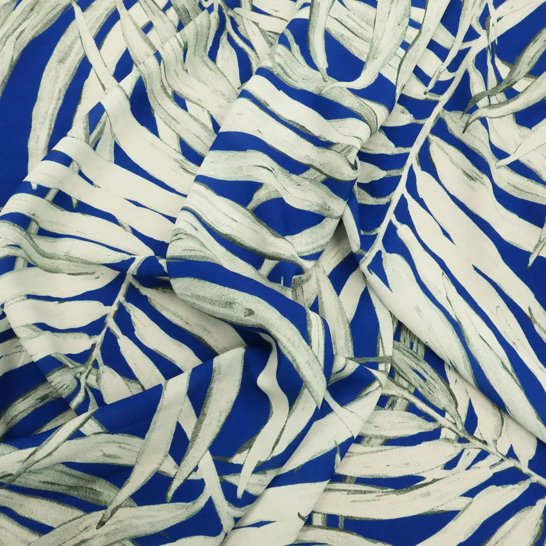 Blue Background with Beige leaves Printed Fabric