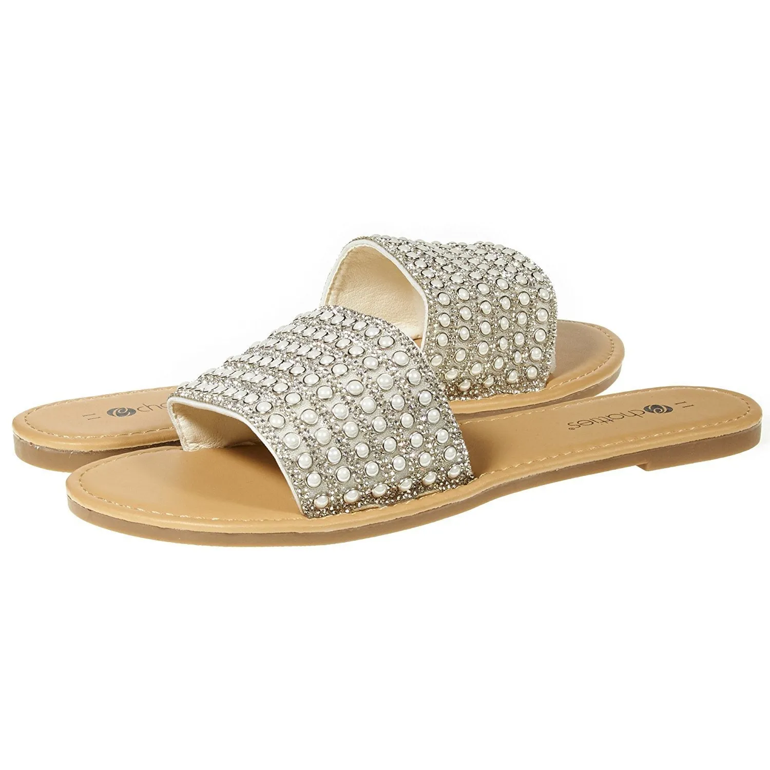 Chatties By Sara Z Womens Open Toe Crystal Rhinestone Pearl Slip-On Flat Slide Sandal Flip Flop