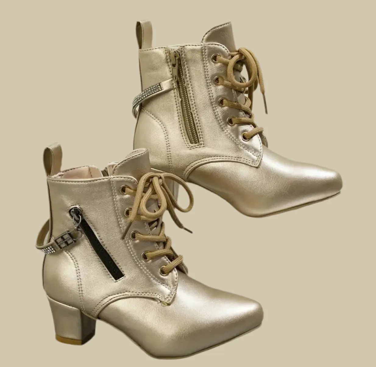 Chic High Heel Boots,Side Zipper, Faux Leather & Fabric Lining, Back Buckle Rhinestone Embellishment, Youth