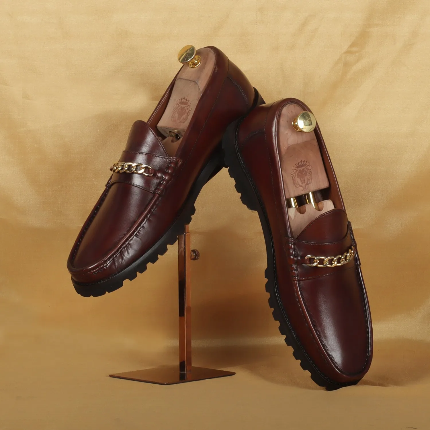 Chunky Sole Leather Loafers in Dark Brown color with Golden Chain Embellishment