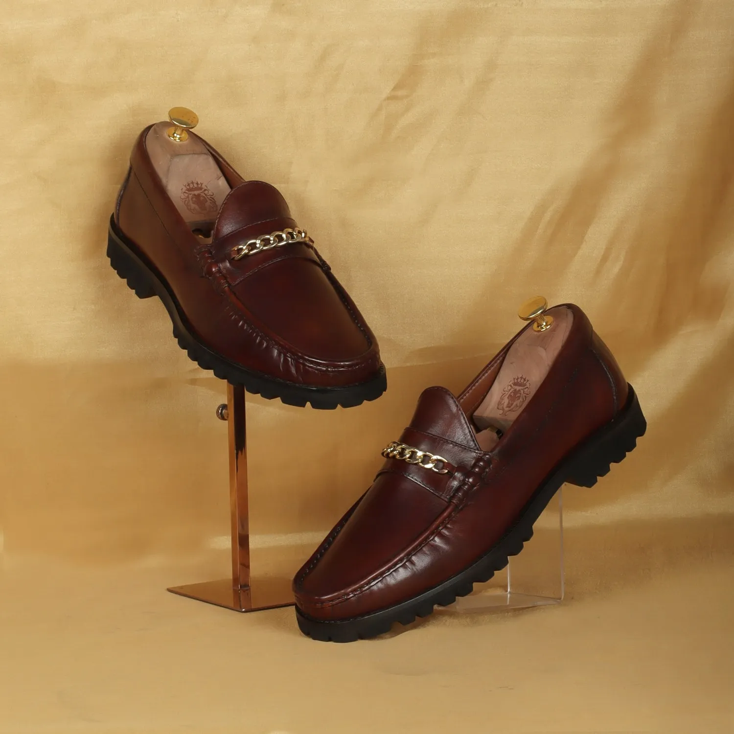 Chunky Sole Leather Loafers in Dark Brown color with Golden Chain Embellishment