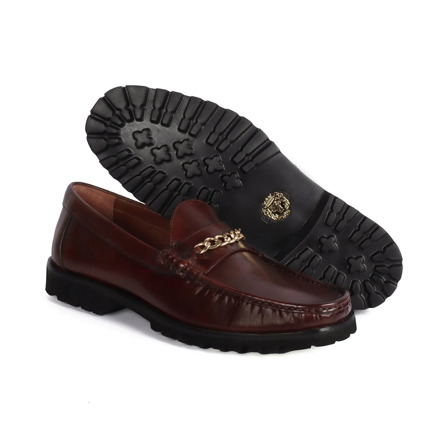 Chunky Sole Leather Loafers in Dark Brown color with Golden Chain Embellishment