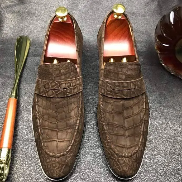 Crocodile Shoes Classic Sanded Genuine Crocodile Leather Slip On loafers driving shoes Brown