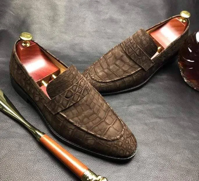 Crocodile Shoes Classic Sanded Genuine Crocodile Leather Slip On loafers driving shoes Brown