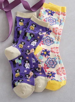 Cutest Crew Socks - Kittens in Cardigans and Flower Power - Set of both