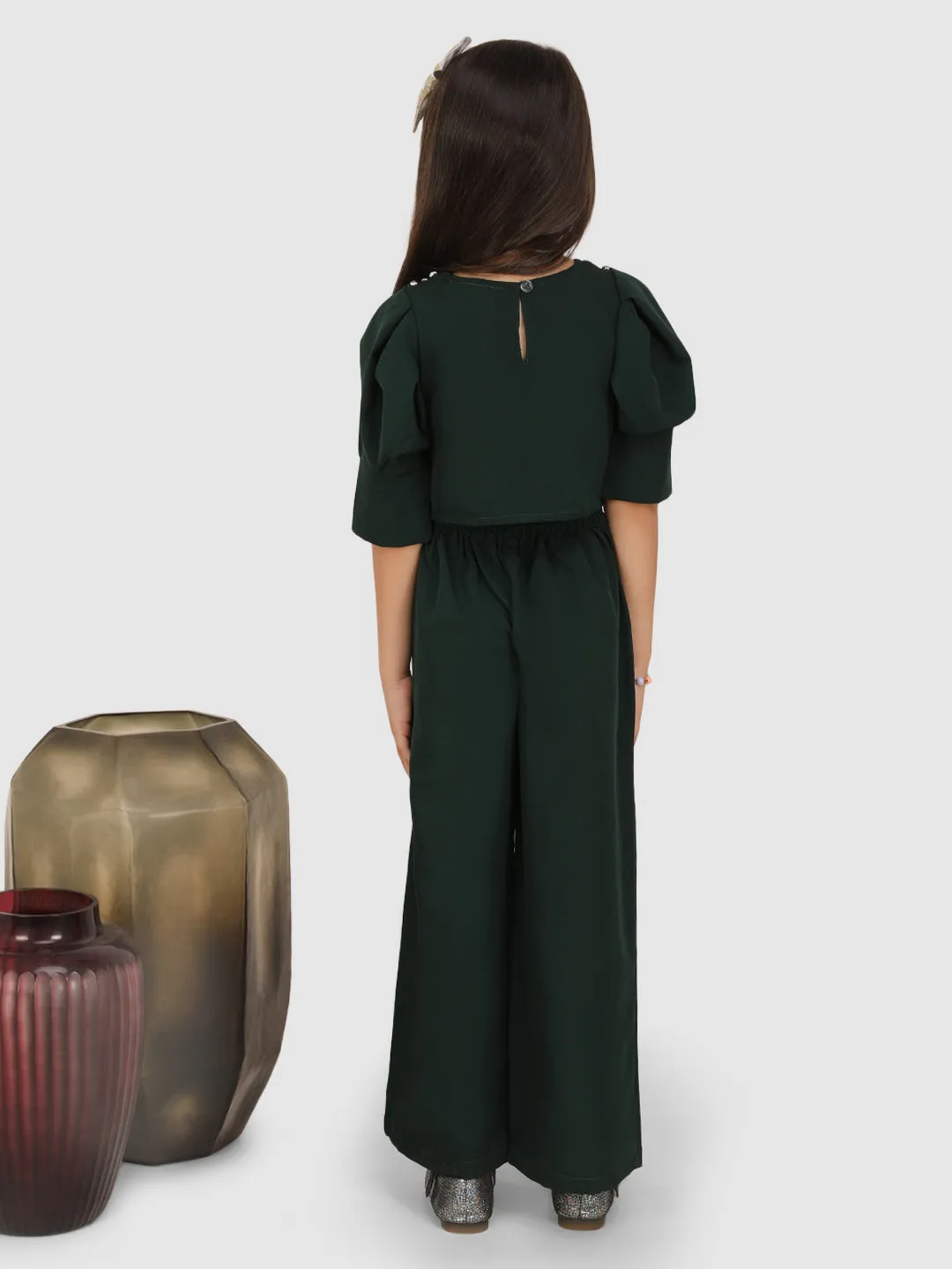 Emeblished with diamonds shoulder pleated sleeve Top & Pant -Bottle Green