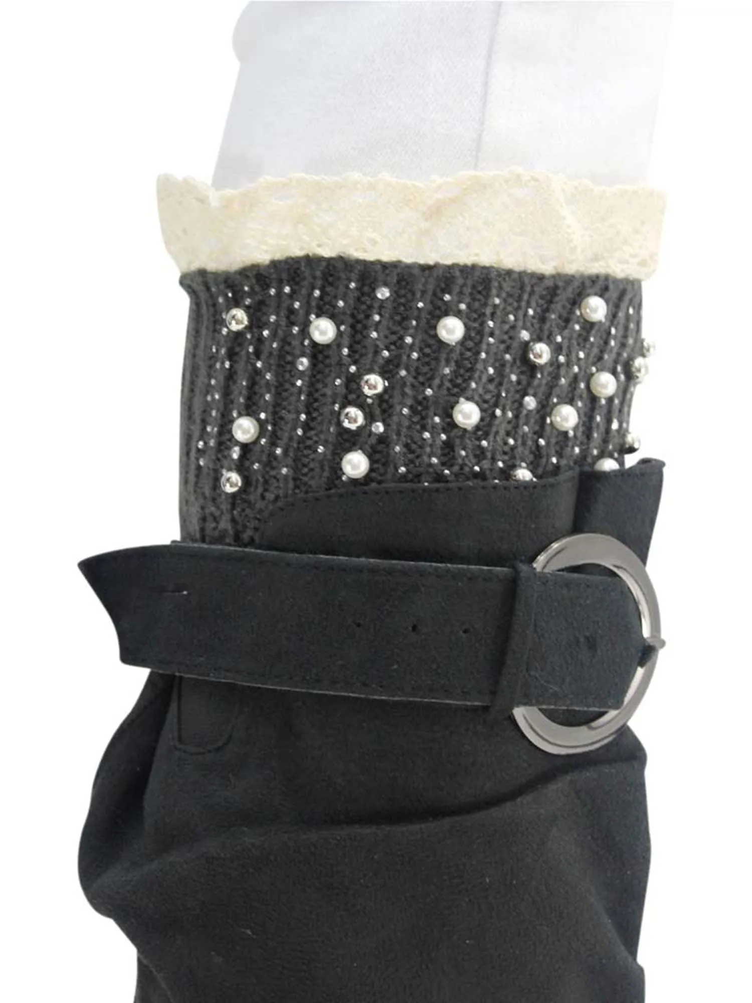 Gray Rhinestone Pearl & Lace Trim Leg Warmer Boot Cuffs