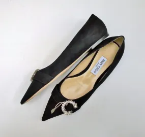 Jimmy Choo Saresa Black Suede Rhinestone Buckle Flats Shoes