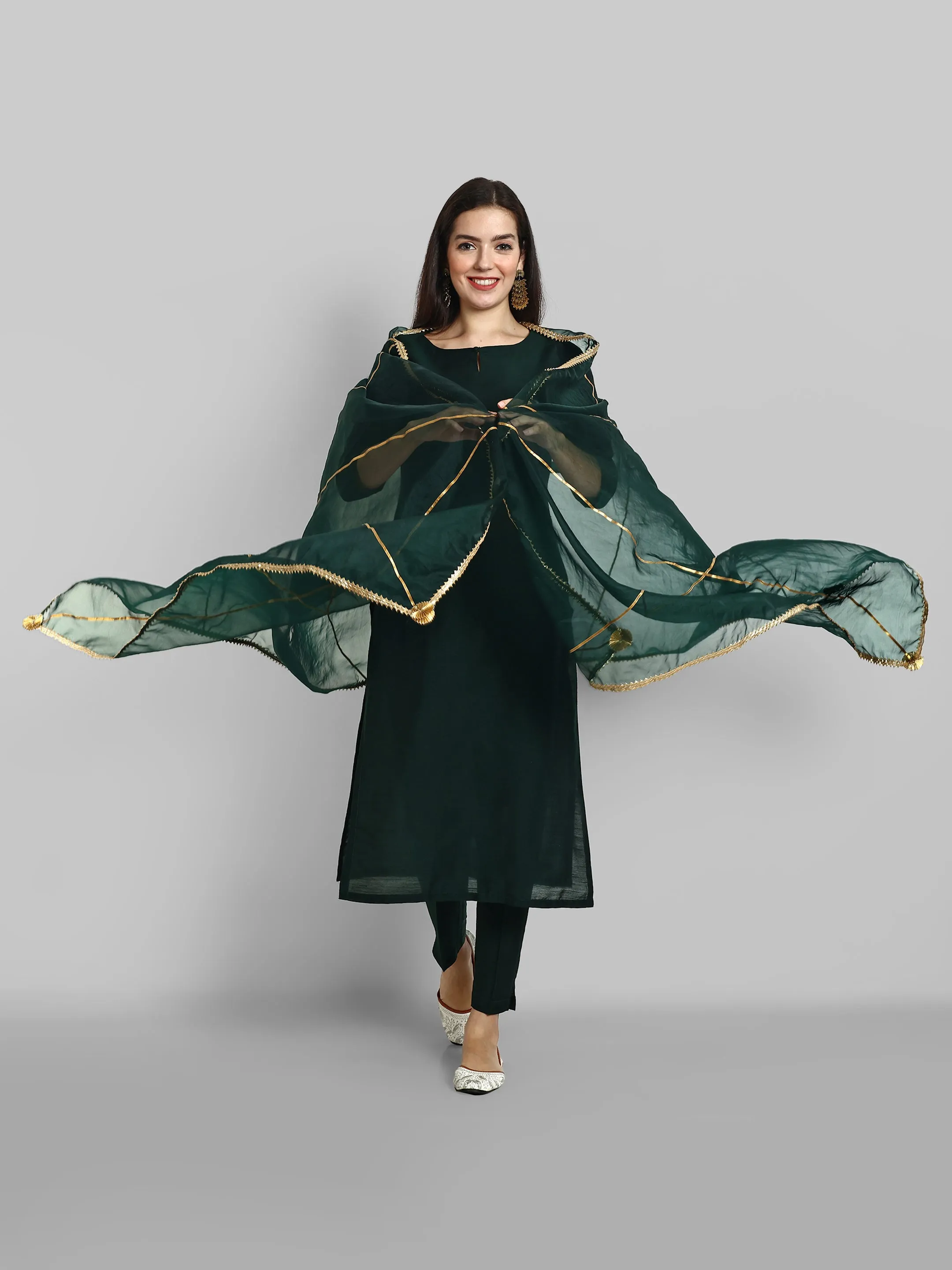 Key hole Bottle Green Boat Neck Style with elasticated pant and Organza Dupatta - Set of 3