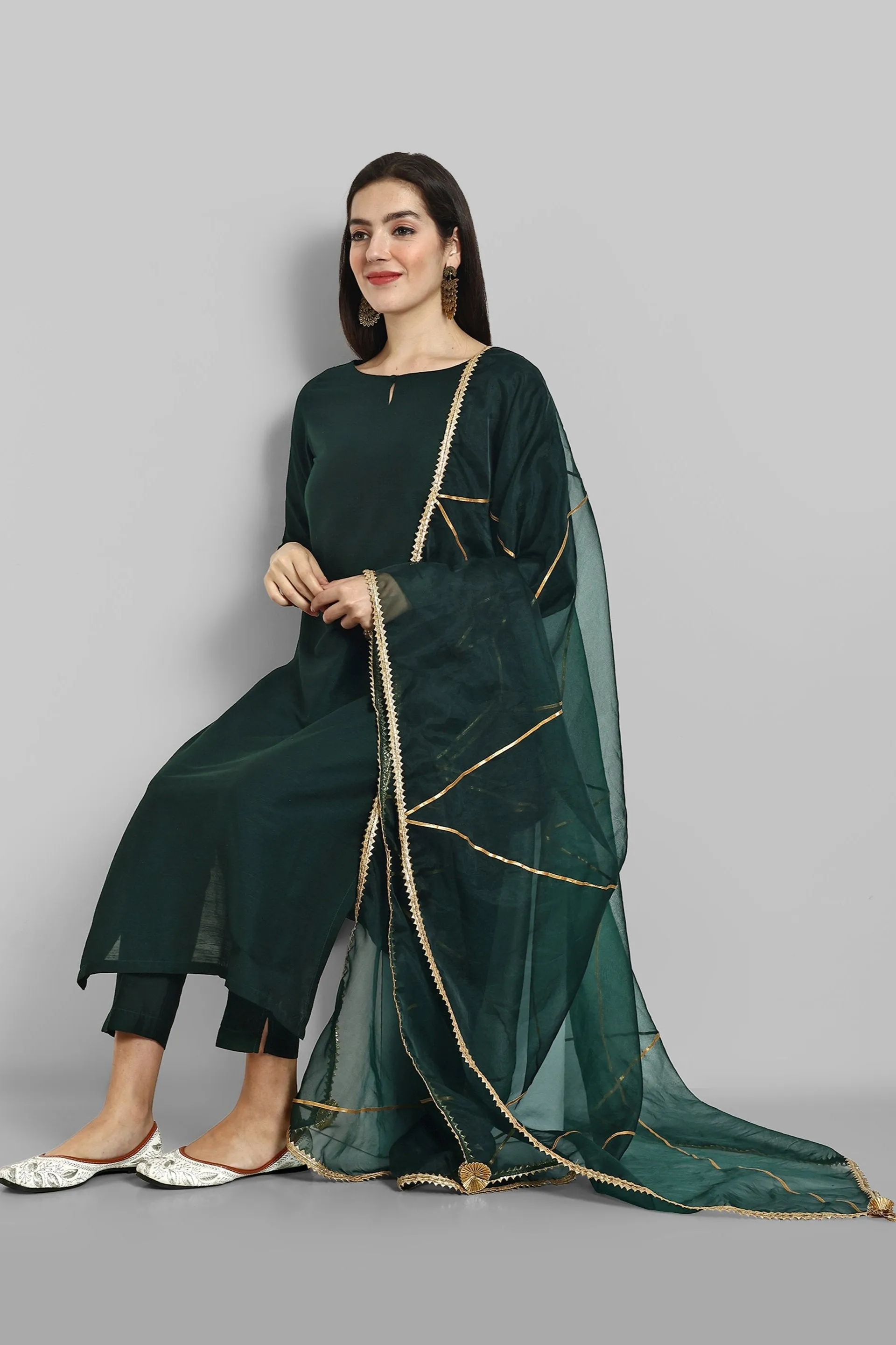 Key hole Bottle Green Boat Neck Style with elasticated pant and Organza Dupatta - Set of 3