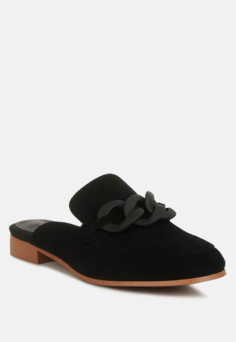 KRIZIA Chunky Chain Suede Slip On Mules in Black