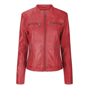 Ladies Real Leather Jacket Short Fitted Burgundy Retro Chinese Collar