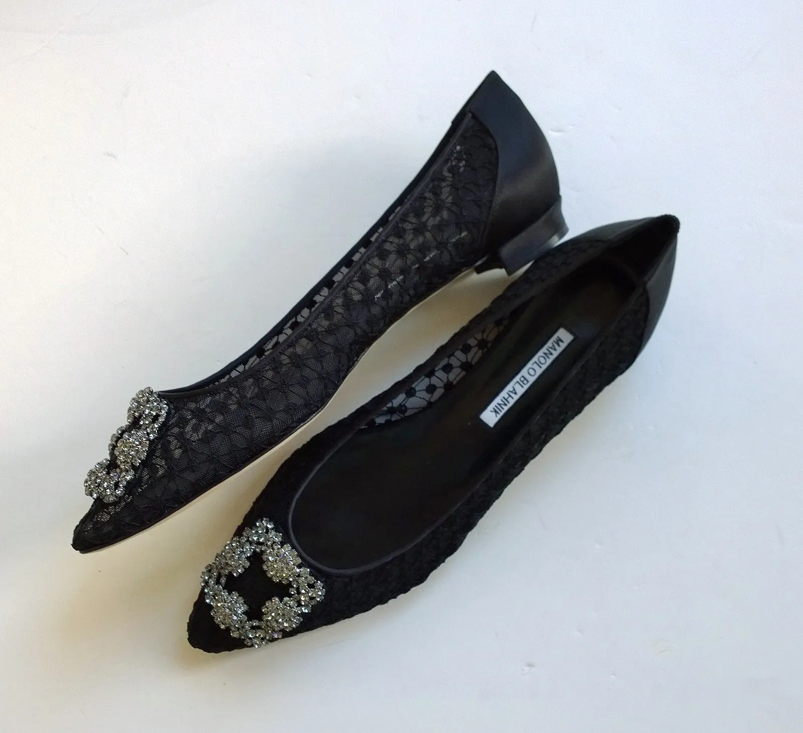 Manolo Blahnik Hangisi Black Lace Rhinestone Buckles Flats Shoes