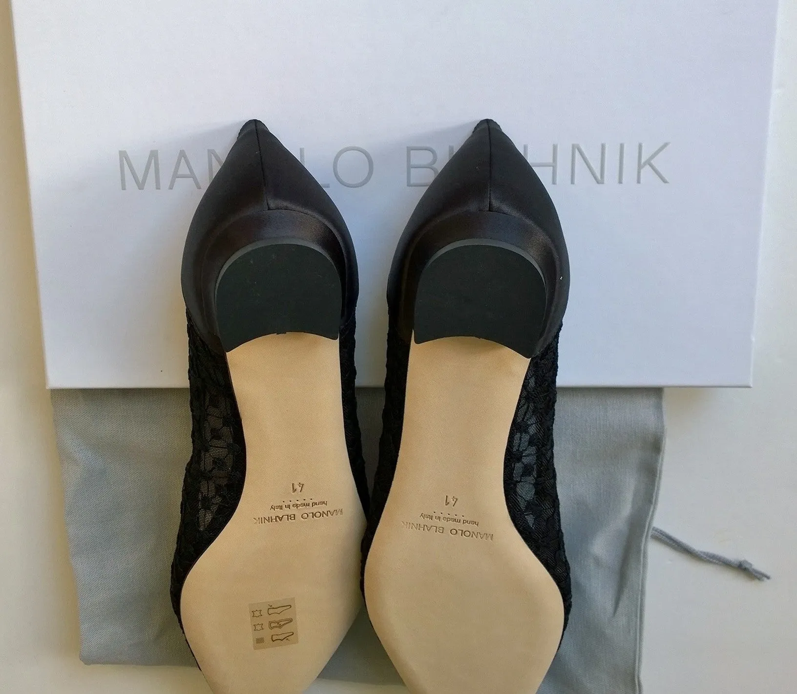 Manolo Blahnik Hangisi Black Lace Rhinestone Buckles Flats Shoes