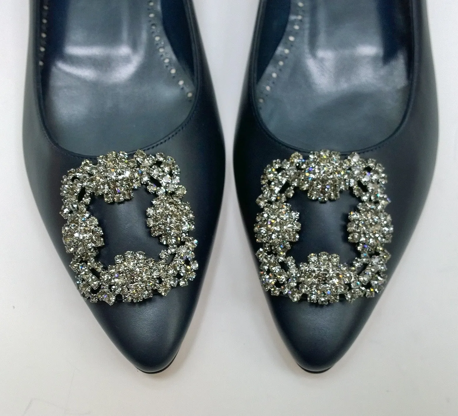 Manolo Blahnik Hangisi Navy Leather Rhinestone Buckle Flats Shoes