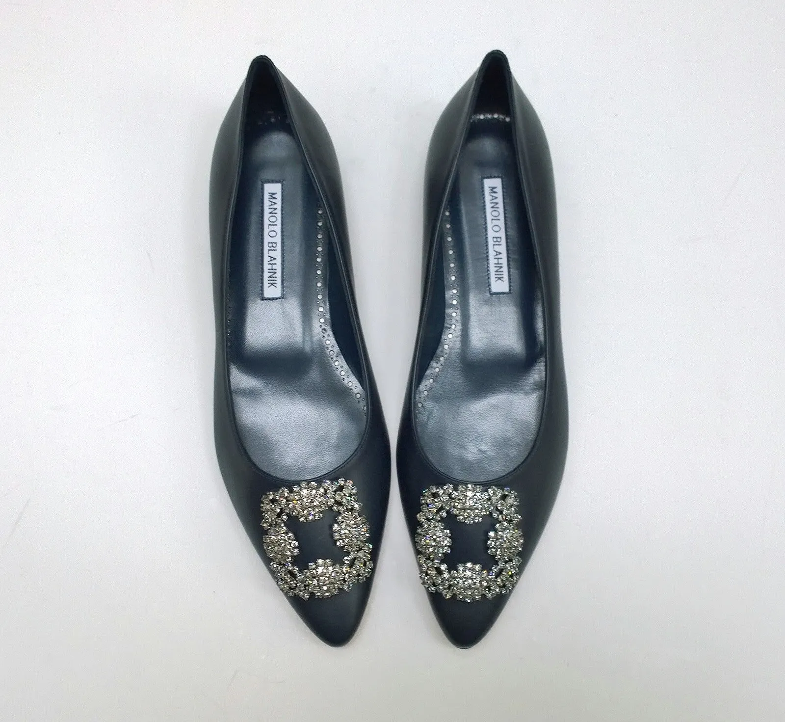 Manolo Blahnik Hangisi Navy Leather Rhinestone Buckle Flats Shoes