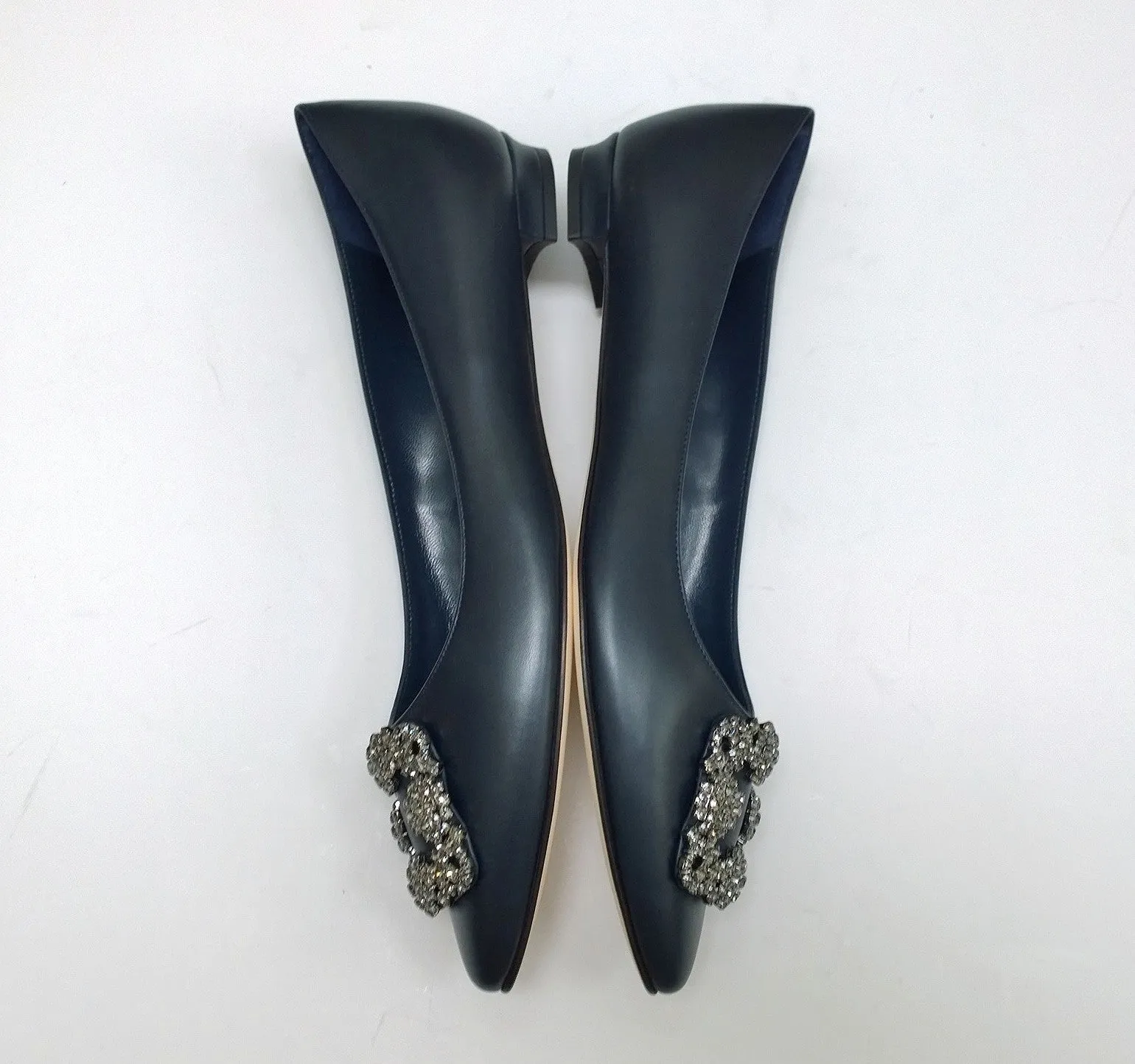 Manolo Blahnik Hangisi Navy Leather Rhinestone Buckle Flats Shoes