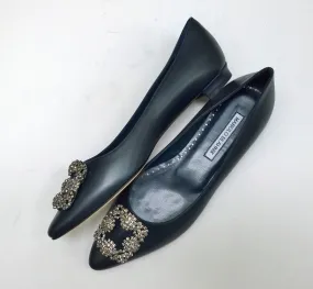 Manolo Blahnik Hangisi Navy Leather Rhinestone Buckle Flats Shoes