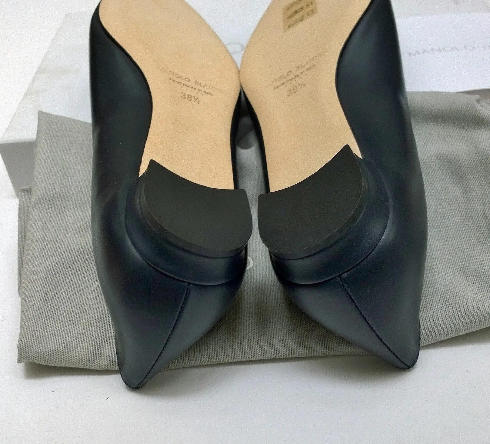 Manolo Blahnik Hangisi Navy Leather Rhinestone Buckle Flats Shoes