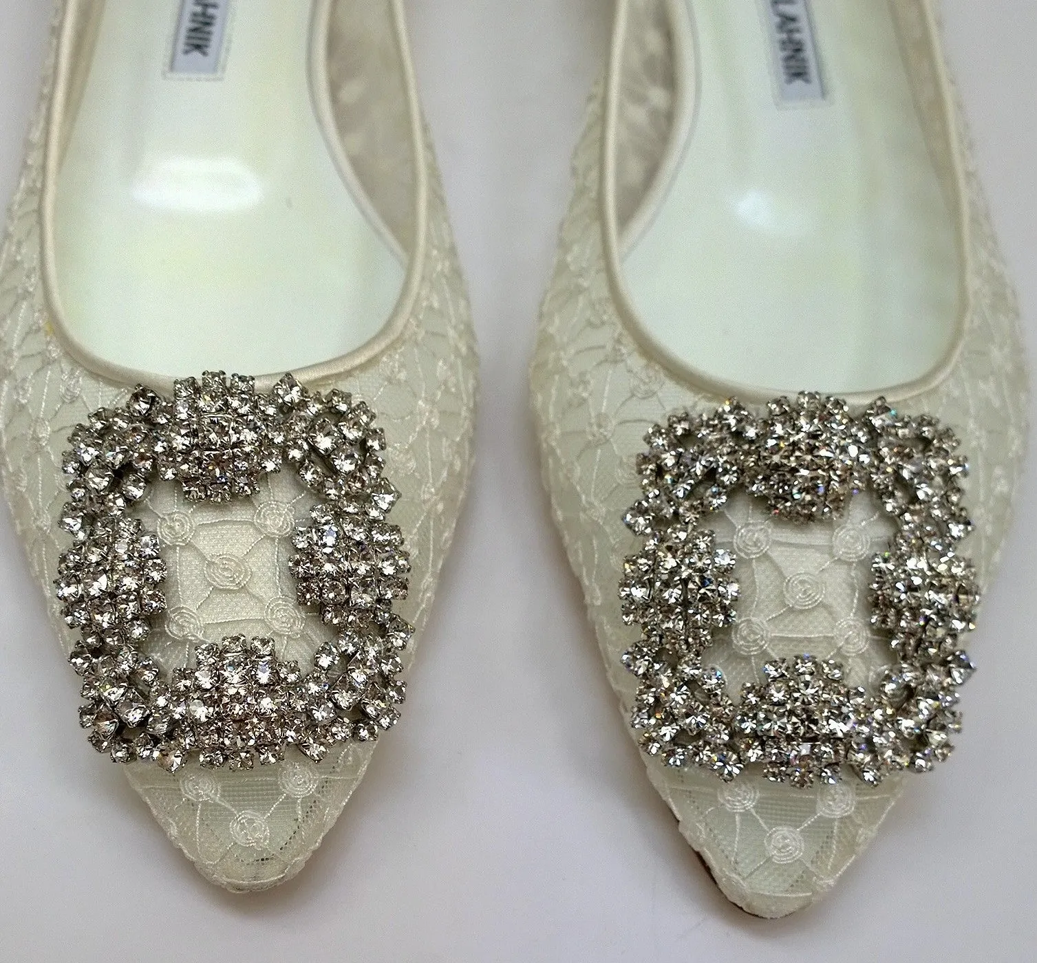 Manolo Blahnik Hangisi Off White Lace Rhinestone Buckles Flats Shoes