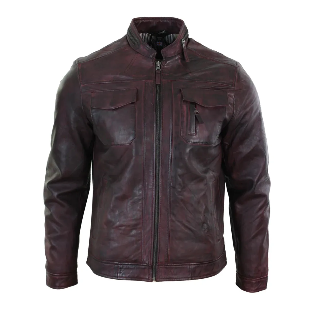 Men's Short Zipped Casual Wine Burgundy Leather Biker Jacket