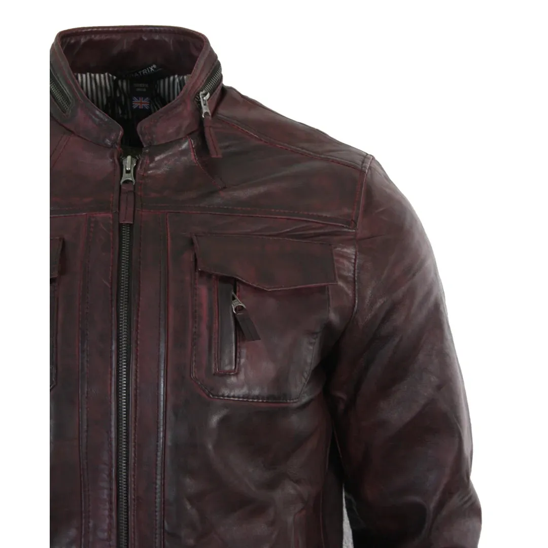 Men's Short Zipped Casual Wine Burgundy Leather Biker Jacket