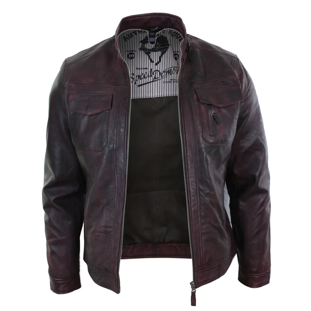 Men's Short Zipped Casual Wine Burgundy Leather Biker Jacket