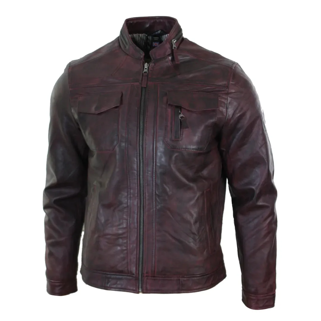 Men's Short Zipped Casual Wine Burgundy Leather Biker Jacket